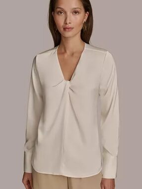 Donna Karan V-Neck Twist-Front Long Sleeve Blouse